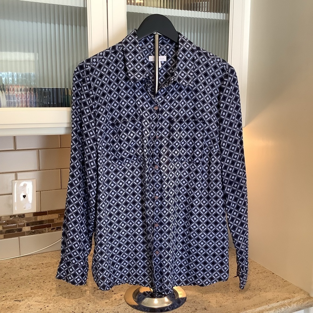 Charter Club Navy Blue 100% Linen Geometric Print Women's Button Up Top Large